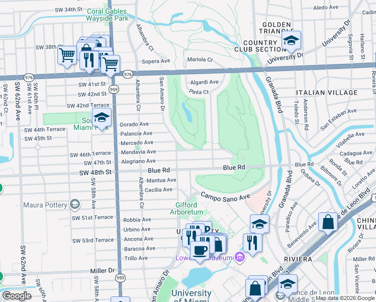map of restaurants, bars, coffee shops, grocery stores, and more near 1350 Mendavia Avenue in Coral Gables