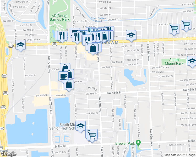 map of restaurants, bars, coffee shops, grocery stores, and more near 6635 Southwest 46th Street in Miami