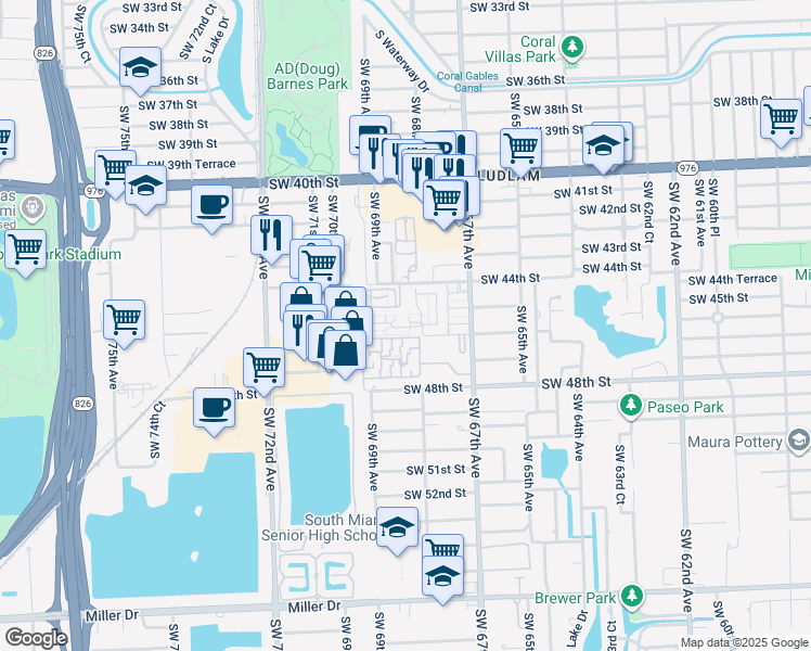 map of restaurants, bars, coffee shops, grocery stores, and more near 6835 Southwest 45th Lane in Miami