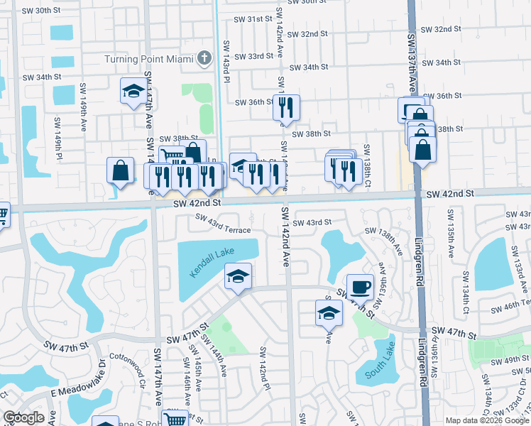 map of restaurants, bars, coffee shops, grocery stores, and more near 3103 Southwest 142nd Place in Miami
