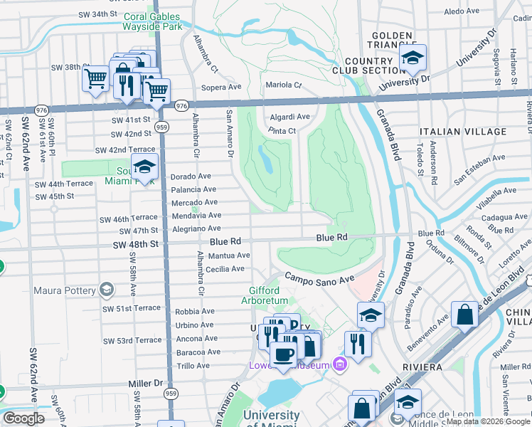 map of restaurants, bars, coffee shops, grocery stores, and more near 1350 Mendavia Avenue in Coral Gables