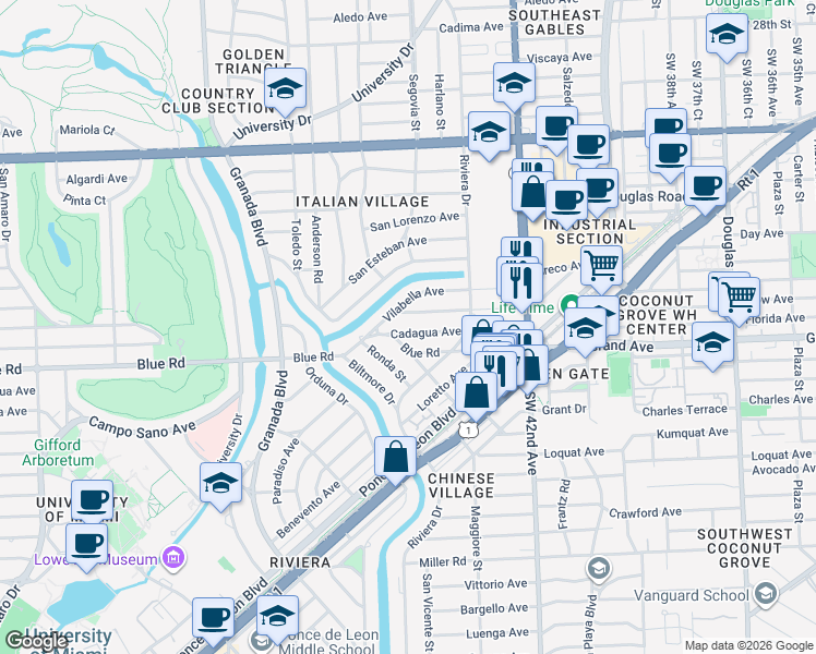 map of restaurants, bars, coffee shops, grocery stores, and more near 609 Cadagua Avenue in Coral Gables