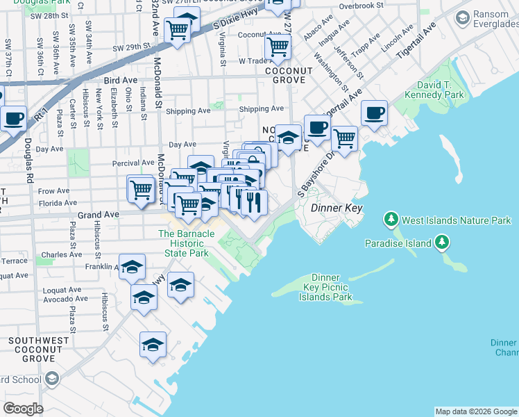 map of restaurants, bars, coffee shops, grocery stores, and more near 2190 Grand Avenue in Coral Gables