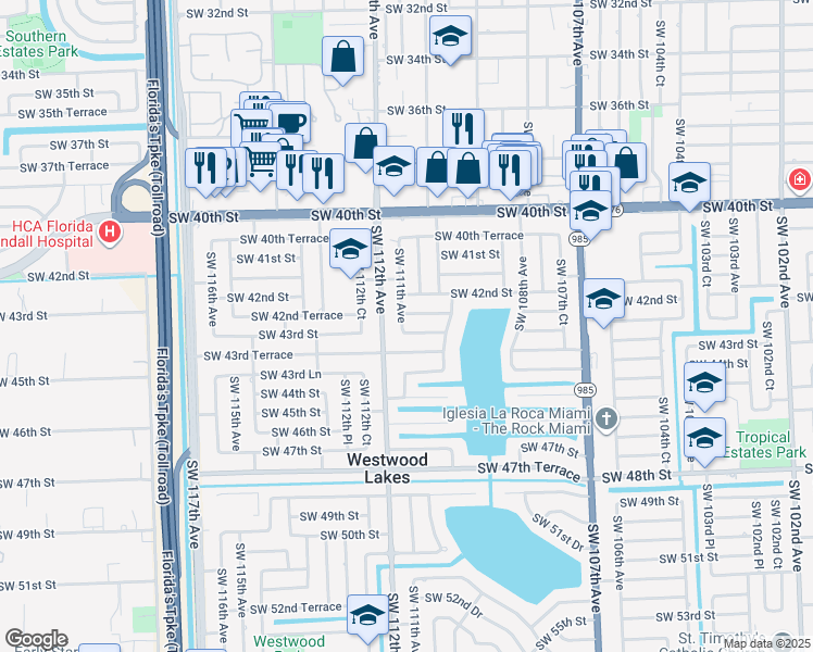 map of restaurants, bars, coffee shops, grocery stores, and more near 11041 Southwest 43rd Street in Miami