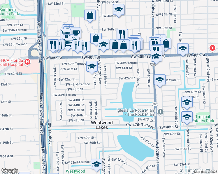 map of restaurants, bars, coffee shops, grocery stores, and more near 11041 Southwest 43rd Street in Miami