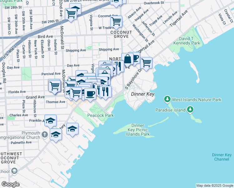 map of restaurants, bars, coffee shops, grocery stores, and more near 2750 South Bayshore Drive in Miami