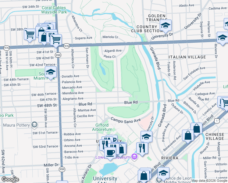 map of restaurants, bars, coffee shops, grocery stores, and more near 1300 Mendavia Avenue in Coral Gables