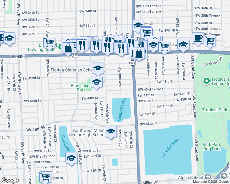 map of restaurants, bars, coffee shops, grocery stores, and more near 8830 Southwest 43rd Terrace in Miami