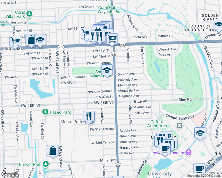 map of restaurants, bars, coffee shops, grocery stores, and more near 5765 Southwest 46th Terrace in Miami