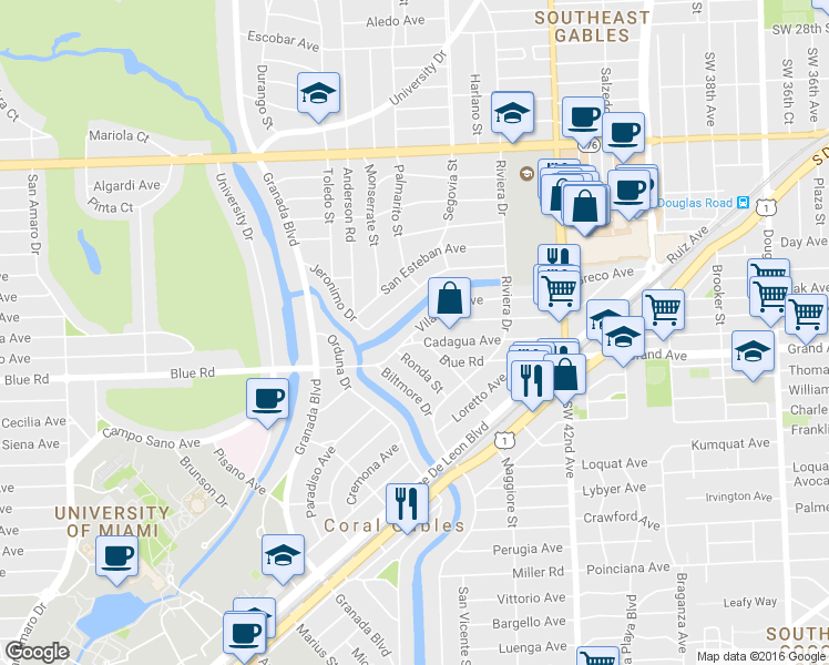 map of restaurants, bars, coffee shops, grocery stores, and more near 725 Vilabella Avenue in Miami
