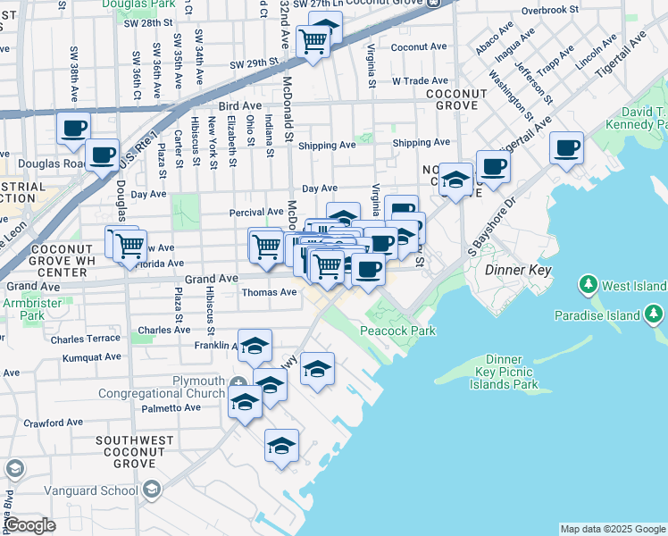 map of restaurants, bars, coffee shops, grocery stores, and more near 3140 Grand Avenue in Miami