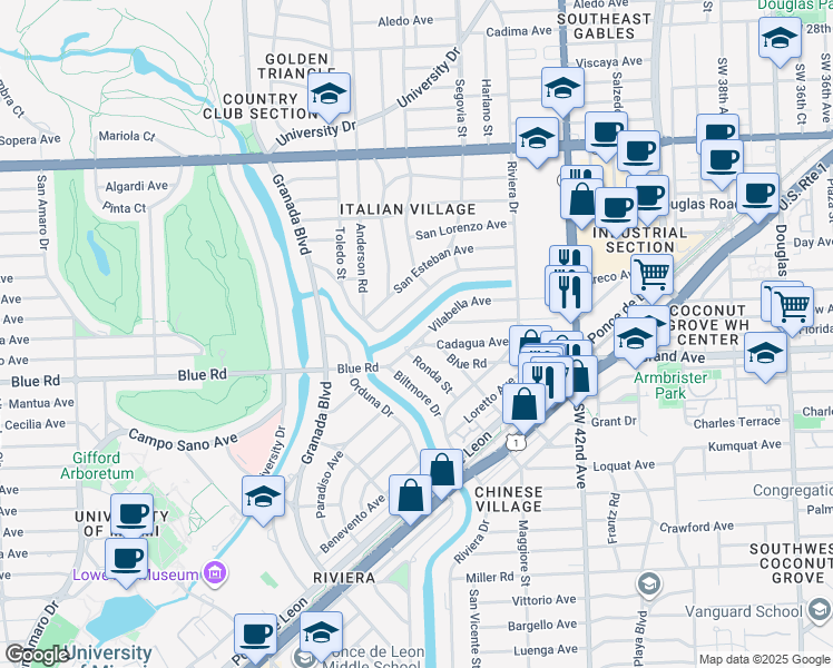 map of restaurants, bars, coffee shops, grocery stores, and more near 725 Vilabella Avenue in Coral Gables