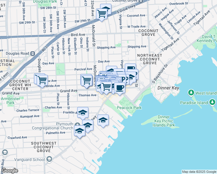 map of restaurants, bars, coffee shops, grocery stores, and more near 3140 Grand Avenue in Miami