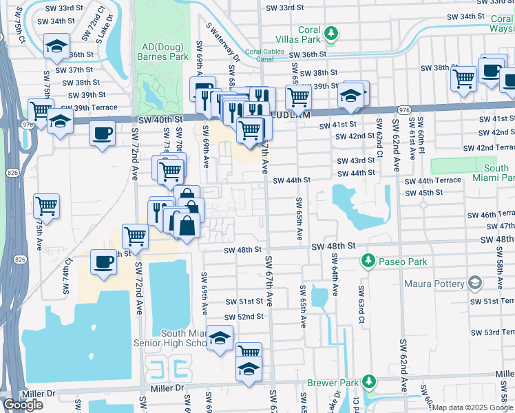 map of restaurants, bars, coffee shops, grocery stores, and more near 6800 Southwest 45th Lane in Miami