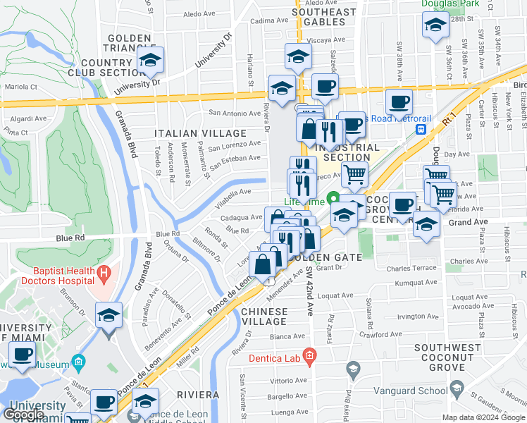 map of restaurants, bars, coffee shops, grocery stores, and more near 501 Cadagua Avenue in Coral Gables