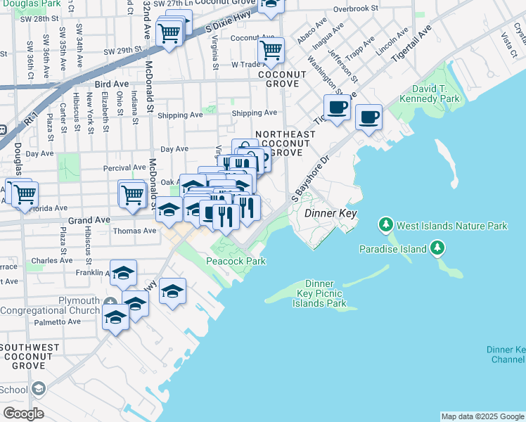 map of restaurants, bars, coffee shops, grocery stores, and more near 3450 Mary Street in Miami