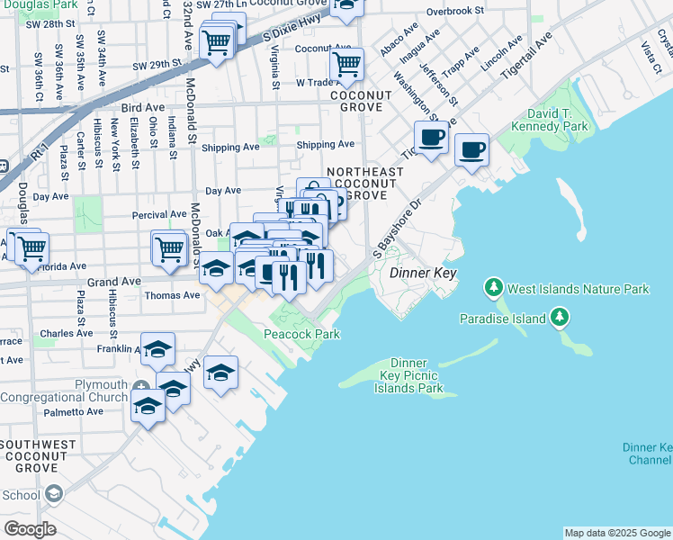 map of restaurants, bars, coffee shops, grocery stores, and more near 3450 Mary Street in Miami