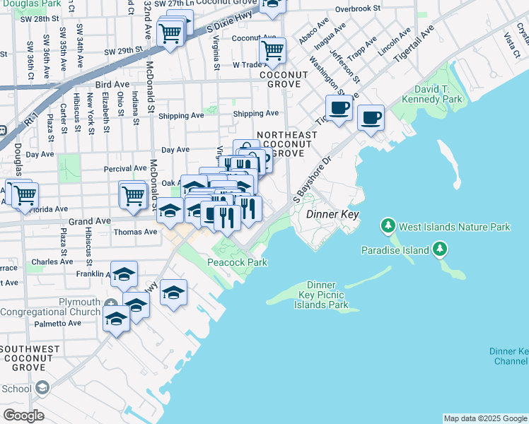 map of restaurants, bars, coffee shops, grocery stores, and more near 2843 South Bayshore Drive in Miami