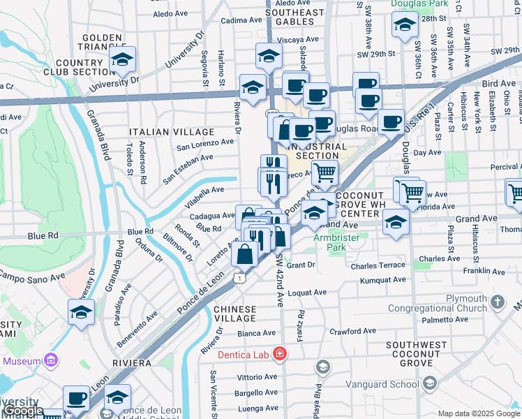 map of restaurants, bars, coffee shops, grocery stores, and more near 442 Cadagua Avenue in Coral Gables
