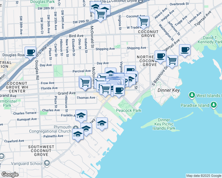 map of restaurants, bars, coffee shops, grocery stores, and more near 3351 Matilda Street in Miami