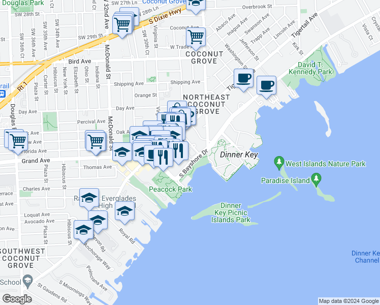 map of restaurants, bars, coffee shops, grocery stores, and more near 2190 Grand Avenue in Coral Gables