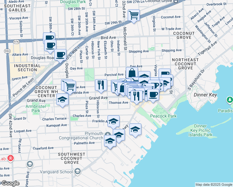 map of restaurants, bars, coffee shops, grocery stores, and more near 3303 Grand Avenue in Miami