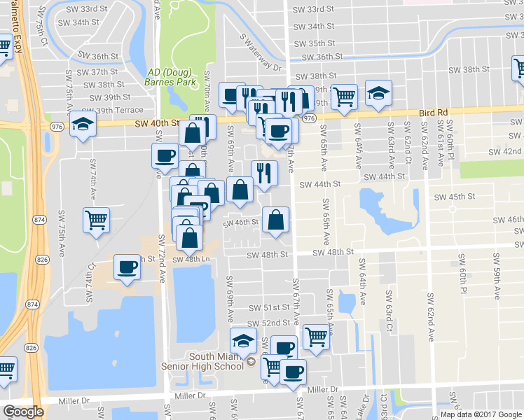 map of restaurants, bars, coffee shops, grocery stores, and more near 6800 Southwest 45th Lane in Miami