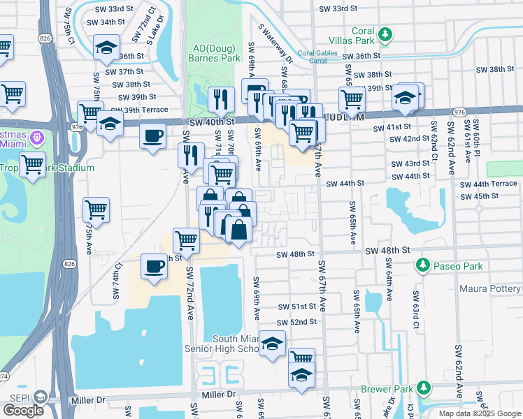 map of restaurants, bars, coffee shops, grocery stores, and more near 7000 Southwest 46th Street in Miami