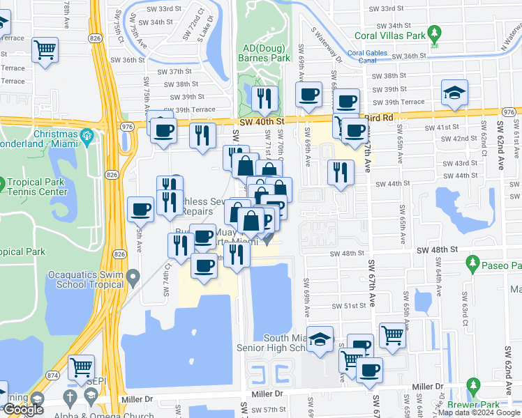map of restaurants, bars, coffee shops, grocery stores, and more near 4545 SW 72nd Ave in Miami