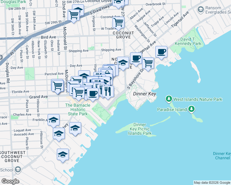 map of restaurants, bars, coffee shops, grocery stores, and more near 2190 Grand Avenue in Coral Gables