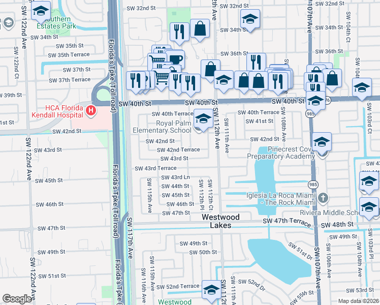 map of restaurants, bars, coffee shops, grocery stores, and more near 11275 Southwest 43rd Street in Miami