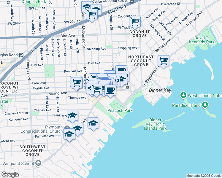 map of restaurants, bars, coffee shops, grocery stores, and more near 3015 Grand Avenue in Coconut Grove