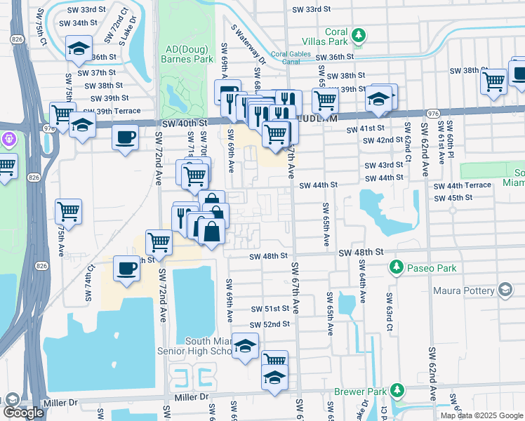 map of restaurants, bars, coffee shops, grocery stores, and more near 6800 Southwest 45th Lane in Miami
