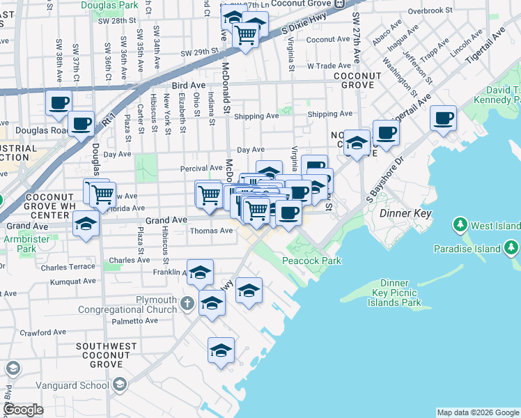 map of restaurants, bars, coffee shops, grocery stores, and more near 3140 Grand Avenue in Miami