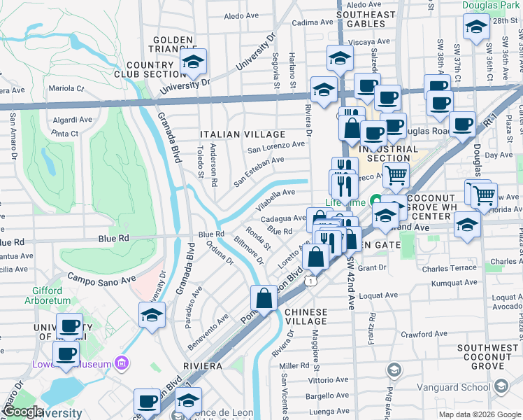 map of restaurants, bars, coffee shops, grocery stores, and more near 609 Cadagua Avenue in Coral Gables