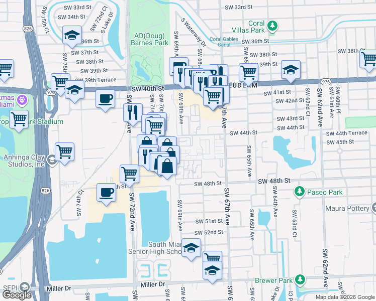 map of restaurants, bars, coffee shops, grocery stores, and more near 6835 Southwest 45th Lane in Miami