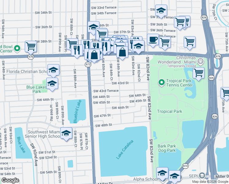 map of restaurants, bars, coffee shops, grocery stores, and more near 8455 Southwest 44th Street in Miami