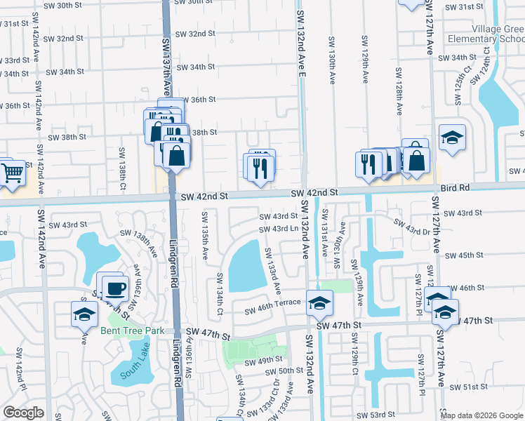 map of restaurants, bars, coffee shops, grocery stores, and more near 13320 Southwest 43rd Street in Miami