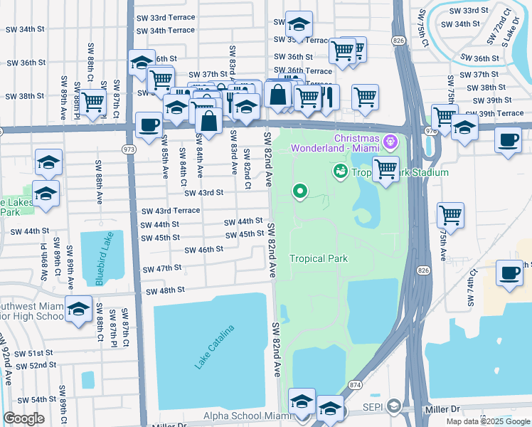map of restaurants, bars, coffee shops, grocery stores, and more near 8220 Southwest 44th Street in Miami