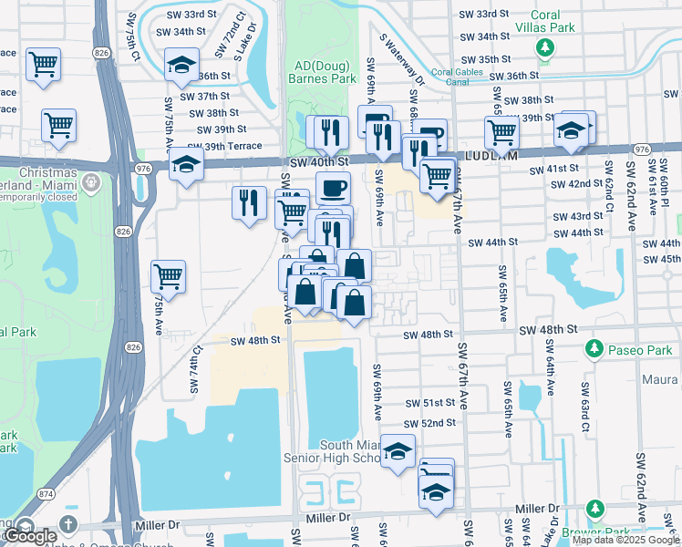 map of restaurants, bars, coffee shops, grocery stores, and more near 7061 Southwest 46th Street in Miami