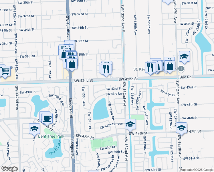 map of restaurants, bars, coffee shops, grocery stores, and more near 13320 Southwest 43rd Street in Miami
