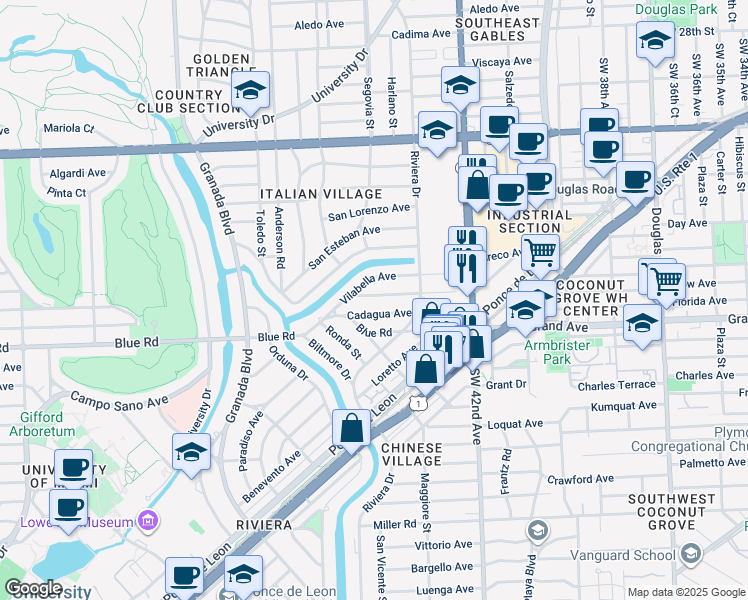 map of restaurants, bars, coffee shops, grocery stores, and more near 552 Alminar Avenue in Coral Gables