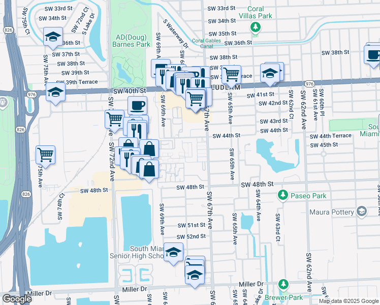 map of restaurants, bars, coffee shops, grocery stores, and more near 6800 Southwest 45th Lane in Miami