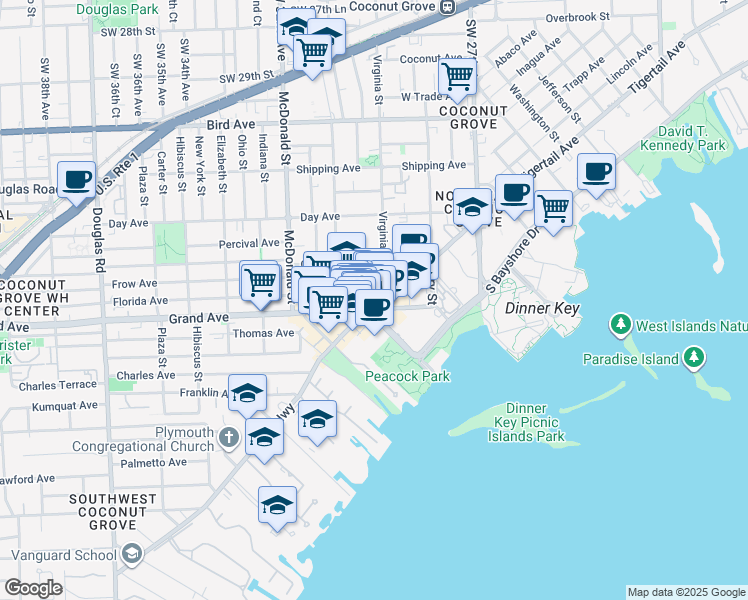 map of restaurants, bars, coffee shops, grocery stores, and more near 3400 Main Highway in Miami