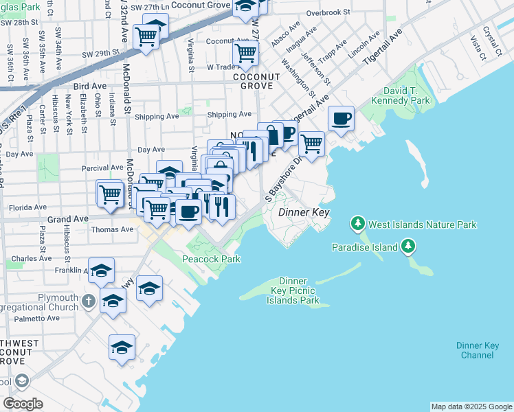 map of restaurants, bars, coffee shops, grocery stores, and more near 2750 South Bayshore Drive in Miami