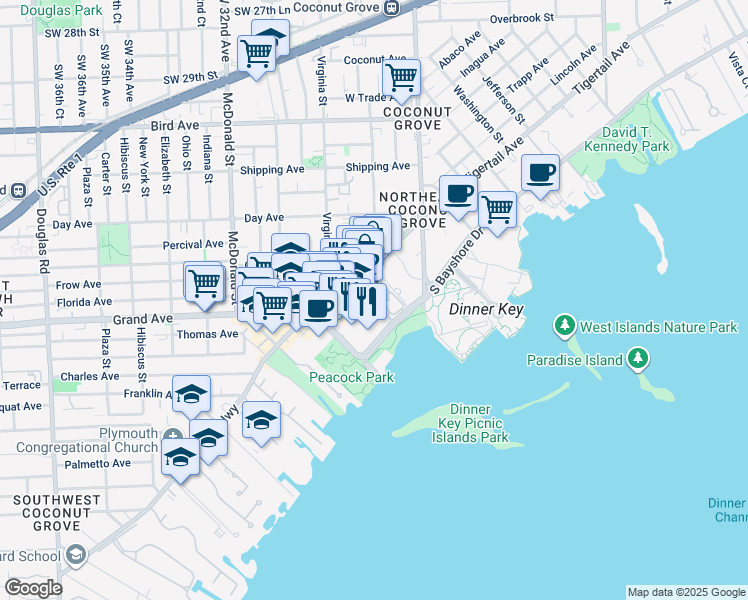 map of restaurants, bars, coffee shops, grocery stores, and more near 3450 Mary Street in Miami