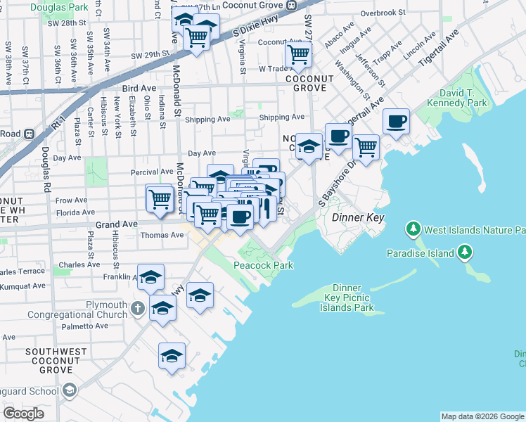 map of restaurants, bars, coffee shops, grocery stores, and more near 2982 Grand Avenue in Miami
