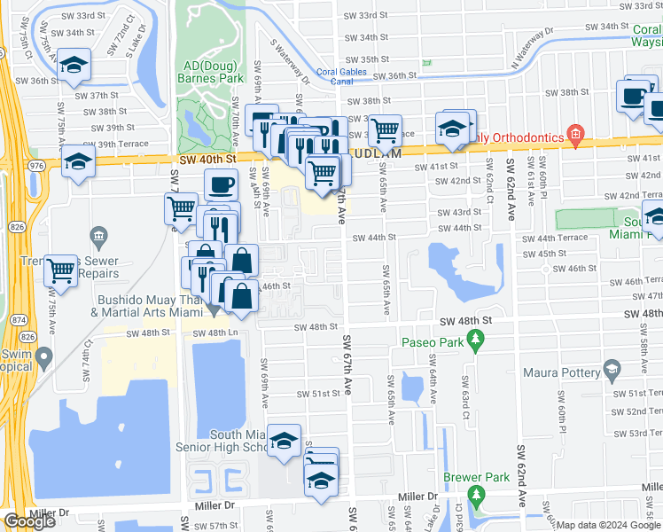 map of restaurants, bars, coffee shops, grocery stores, and more near 6800 Southwest 45th Lane in Miami