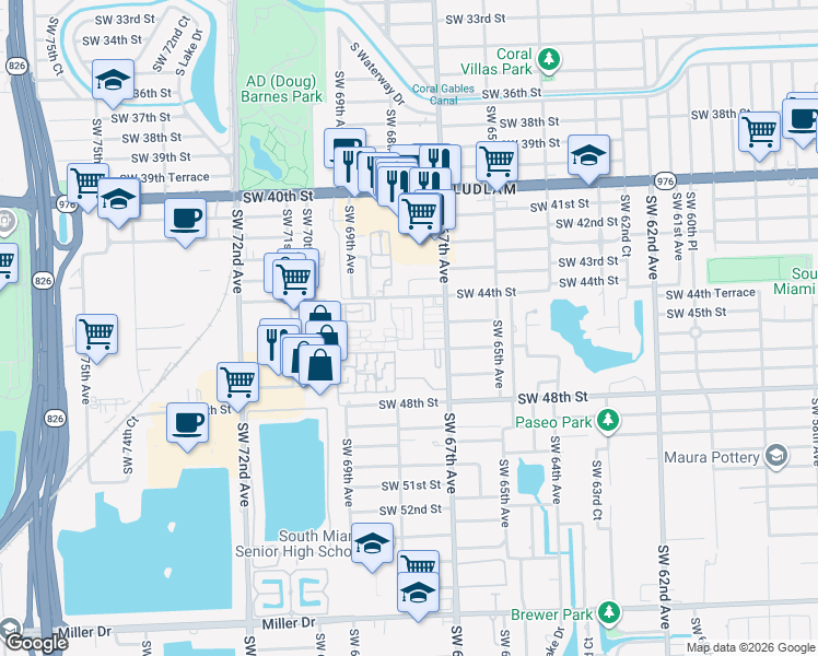 map of restaurants, bars, coffee shops, grocery stores, and more near 6800 Southwest 45th Lane in Miami