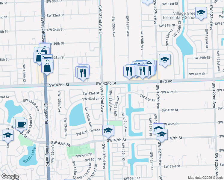 map of restaurants, bars, coffee shops, grocery stores, and more near 4300 Southwest 130th Court in Miami